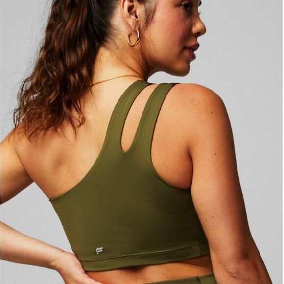 Fabletics Asymmetrical Double Strap Midi‎ Bra Size L Dark Moss NWT in packaging - Picture 2 of 5